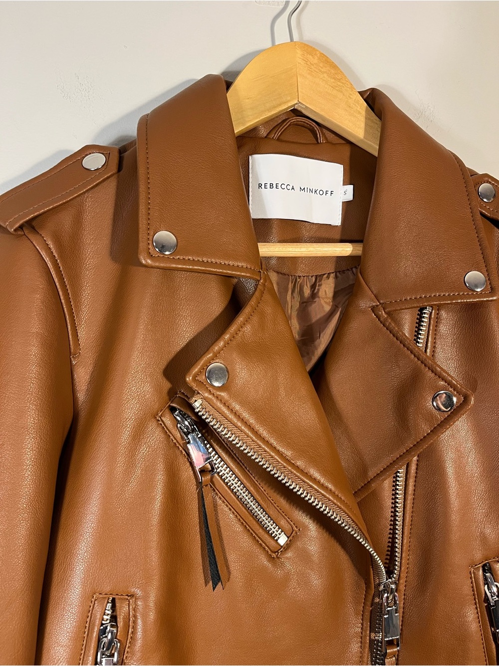 Rebecca Minkoff Women's Cognac Brown Vegan Leather Moto Jacket S - Picture 3 of 12